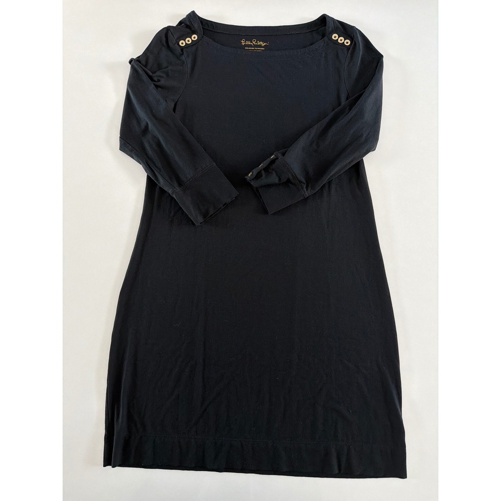 Lilly Pulitzer Black Knit Button Shoulder Shift Dress Gold Detail Size M